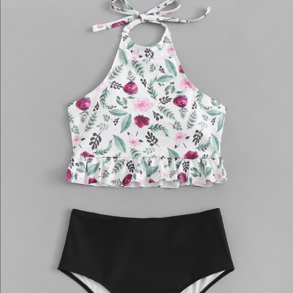 Floral Peplum Top with High Waist Bikini Set